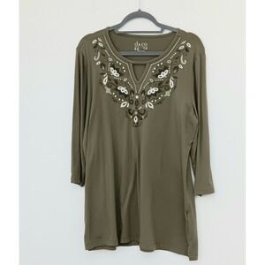 Denim & Co. Tunic Women's Size L Green Embroidered Round Neck Keyhole Petite